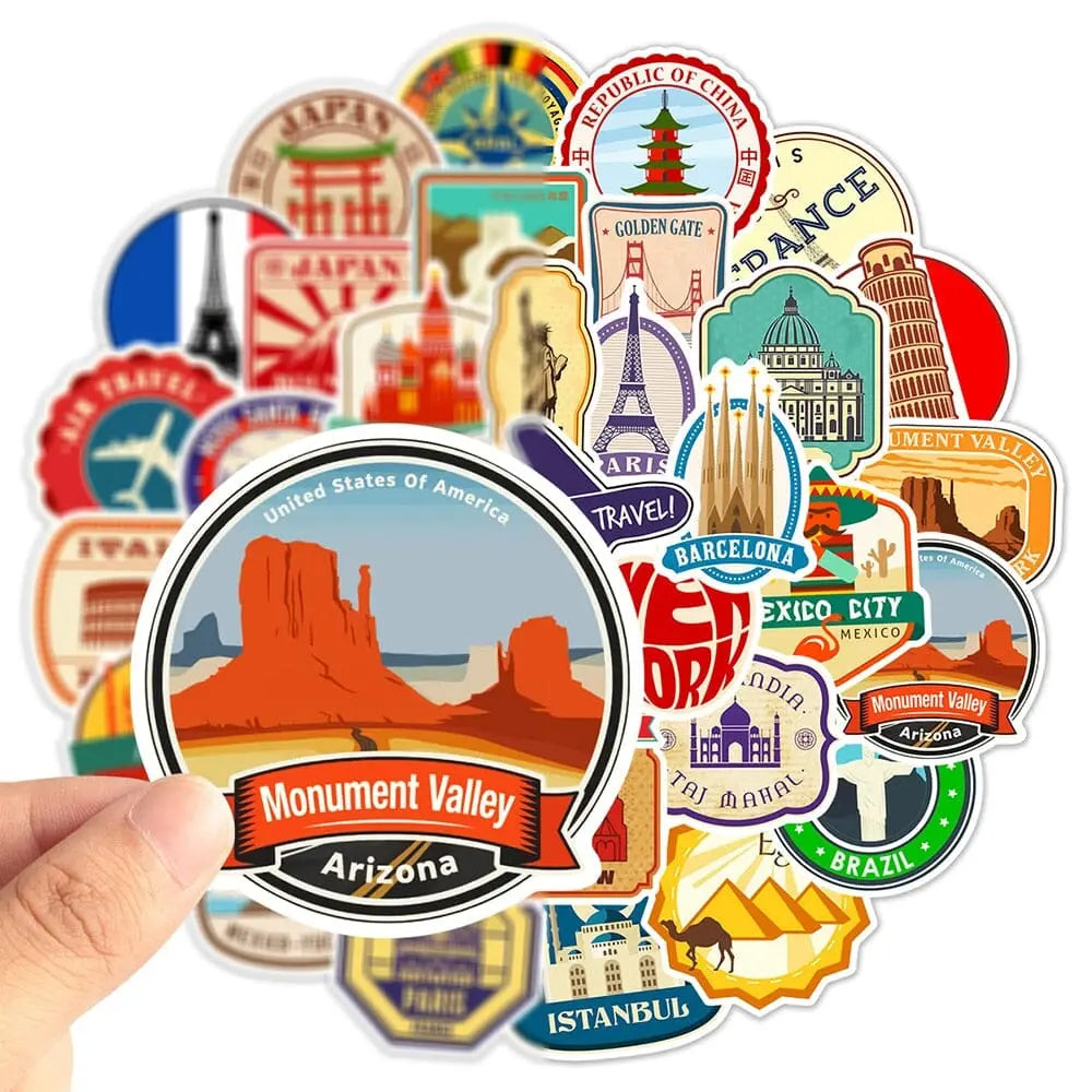 Stickers de voyage multicolores, tailles de 4 à 8 cm