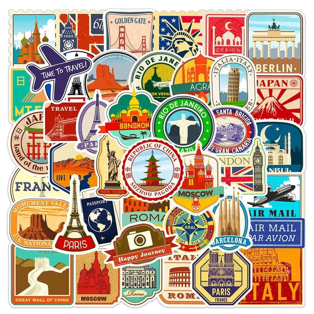 Collection de 50 autocollants PVC, designs de voyage