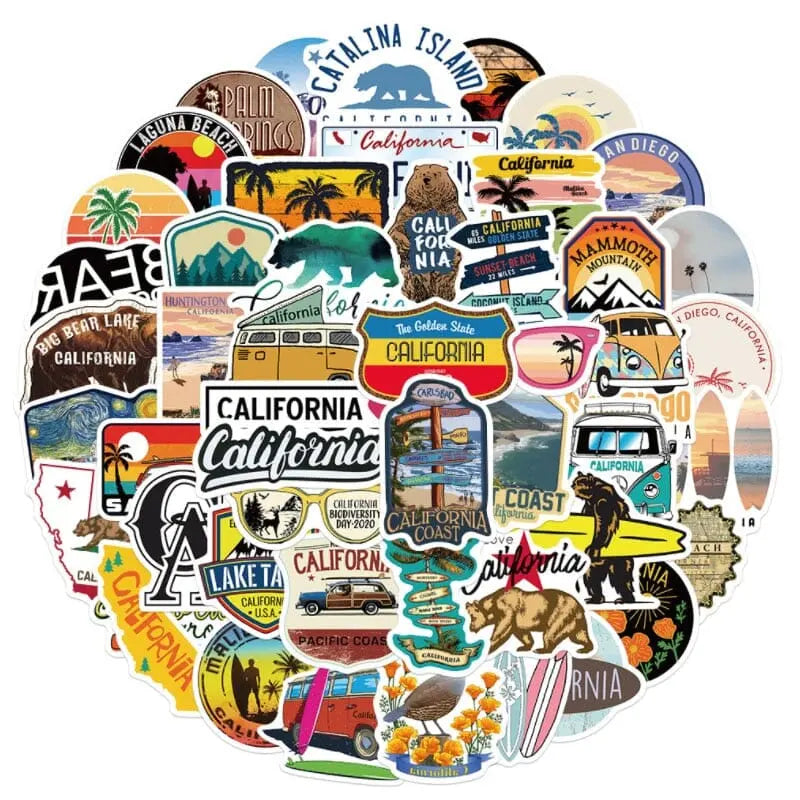 Détails de stickers avec motifs de voyage californien