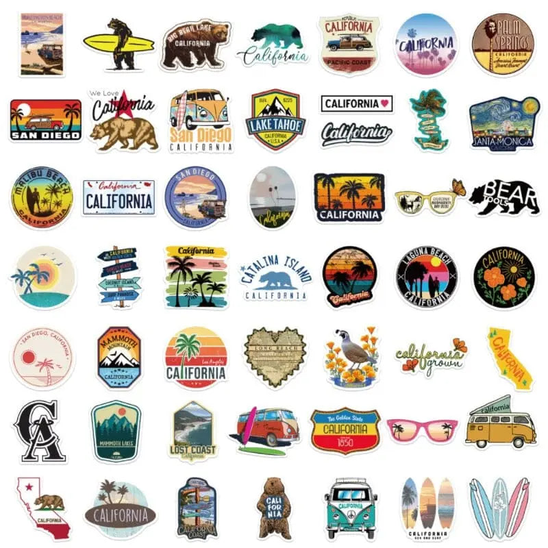 Collection de stickers sur le thème californien, vue d'ensemble
