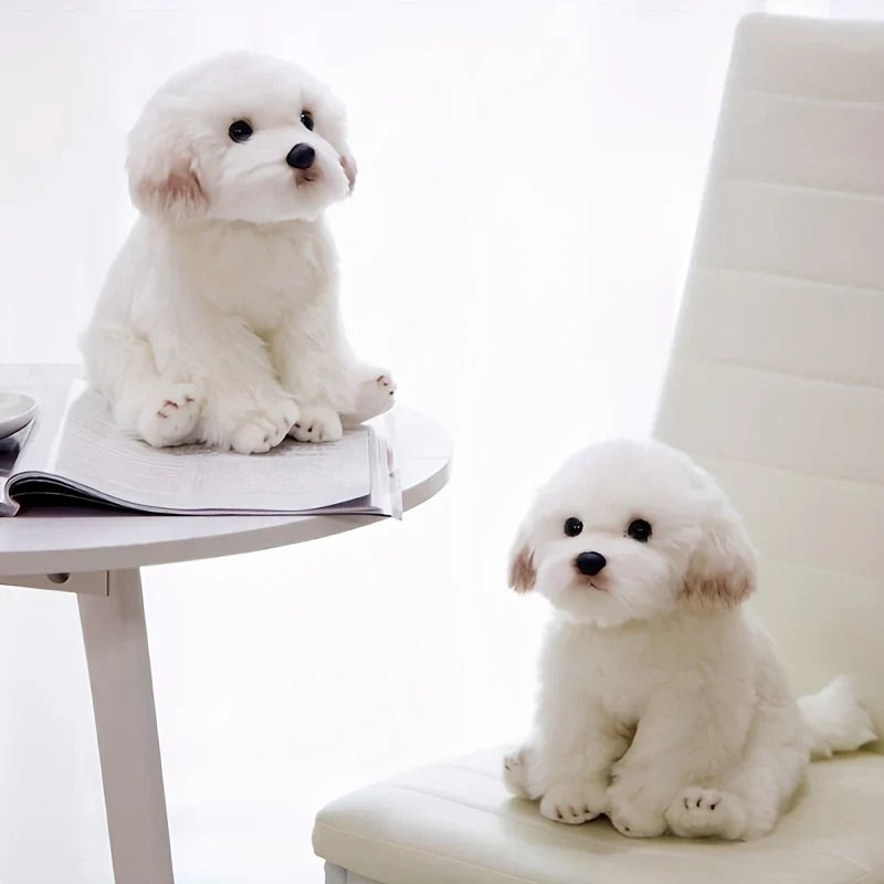 Jouet en peluche chien sur fond blanc, doux et câlin
