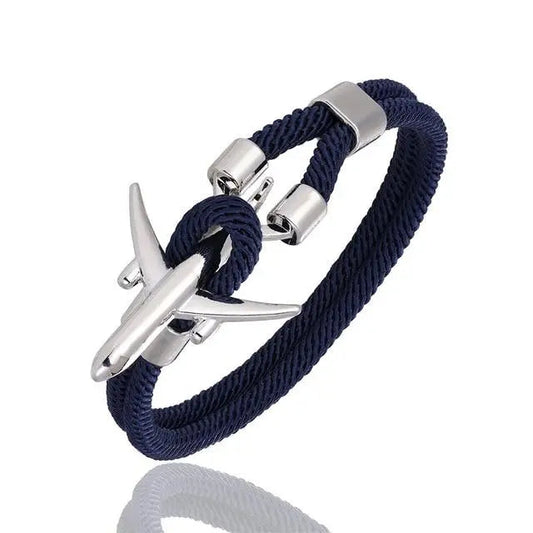 Bracelet avec avion en métal et corde bleu marine