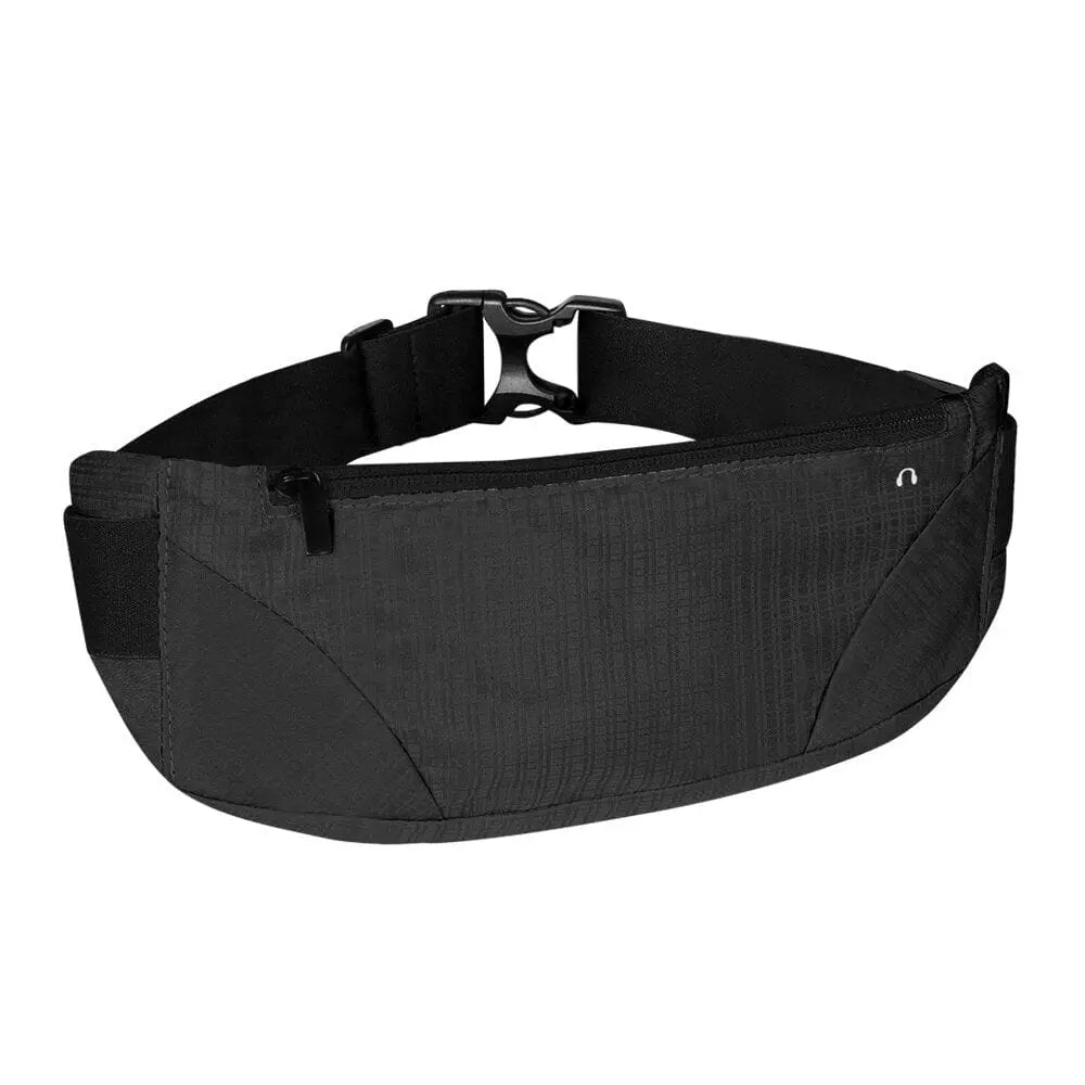 Ceinture de voyage noire posée sur une surface blanche
