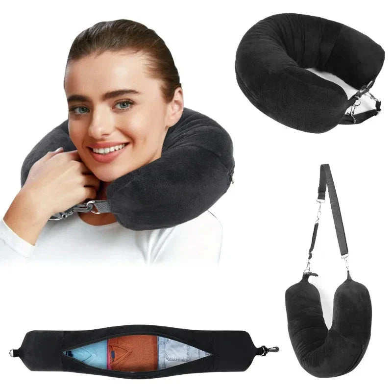 Coussin de voyage rempli de vêtements, démonstration d'usage