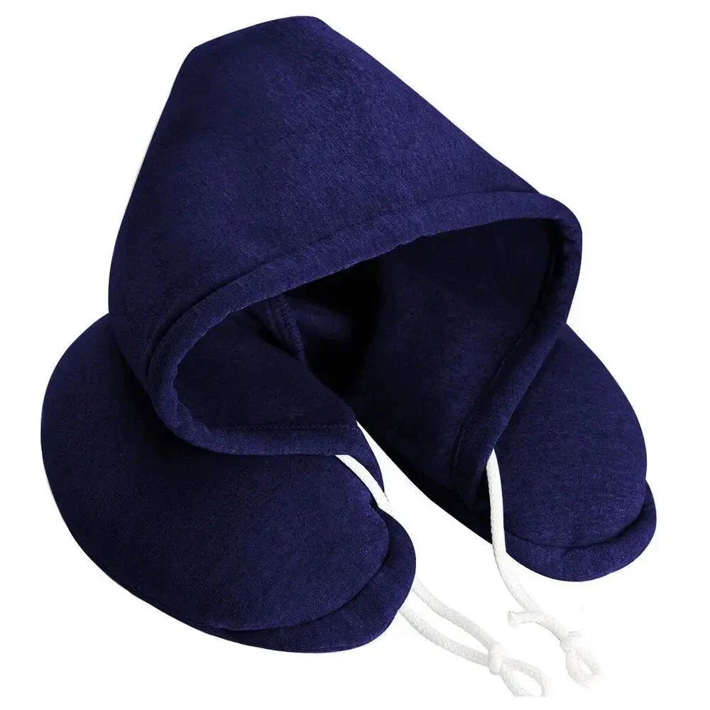 Coussin de voyage bleu marine avec capuche, en tissu doux