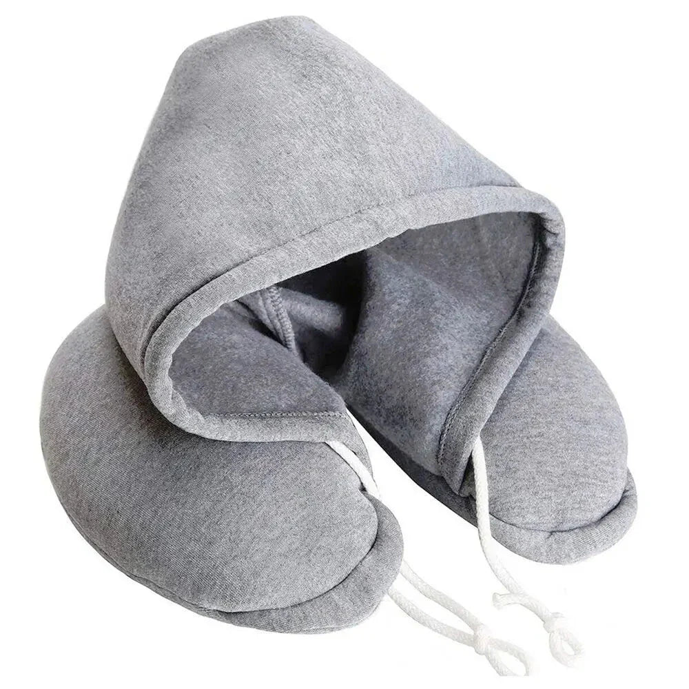 Coussin de voyage gris avec capuche, forme ergonomique en U