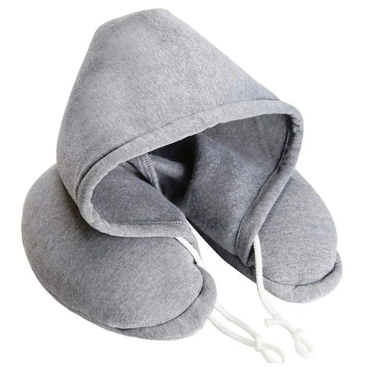 Coussin de voyage gris avec capuche, forme ergonomique en U