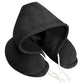 Coussin de voyage noir avec capuche intégrée, vue de face
