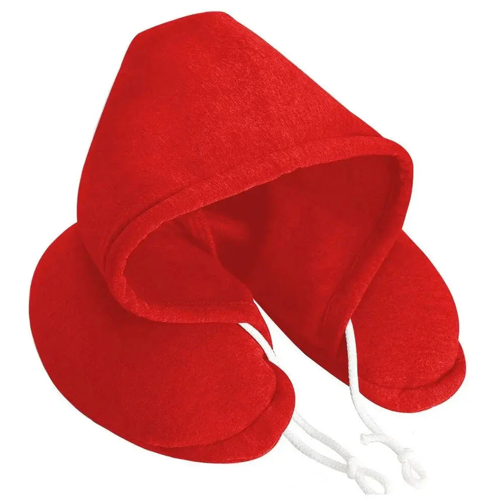 Coussin de voyage rouge avec capuche, cordons ajustables visibles
