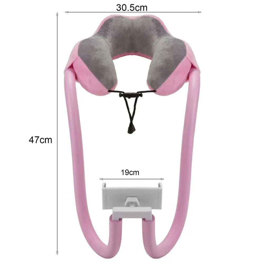 Coussin de voyage rose avec support téléphone visible