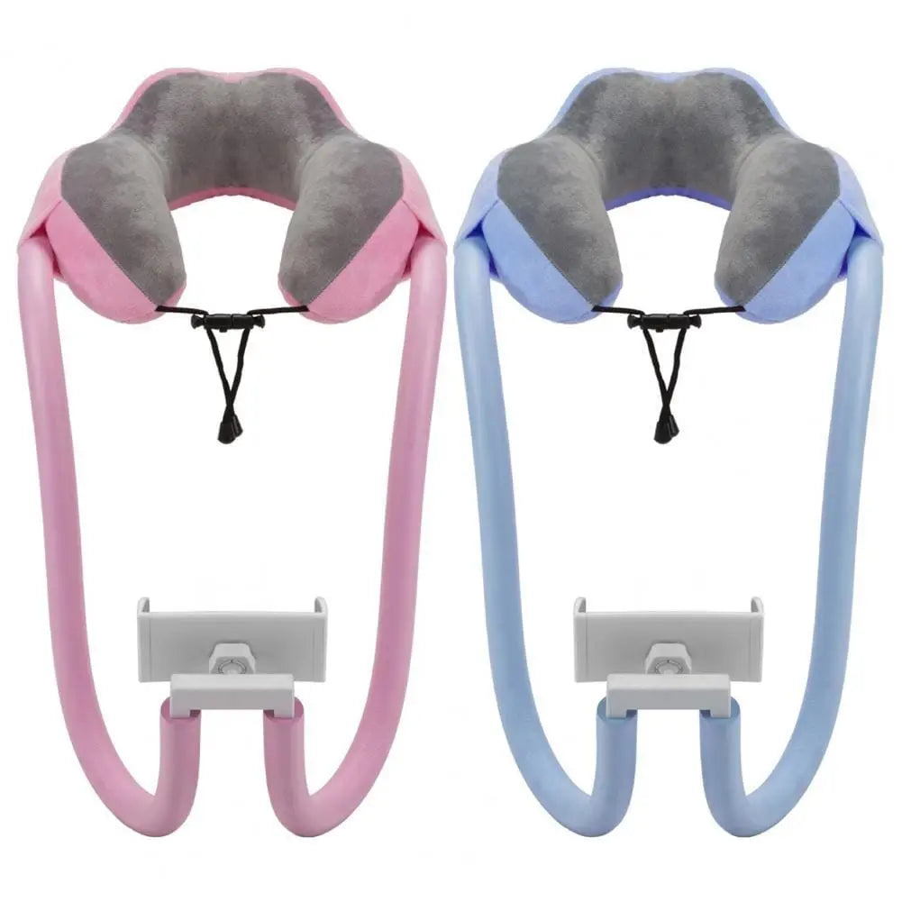 Vue aérienne du coussin de voyage et support téléphone