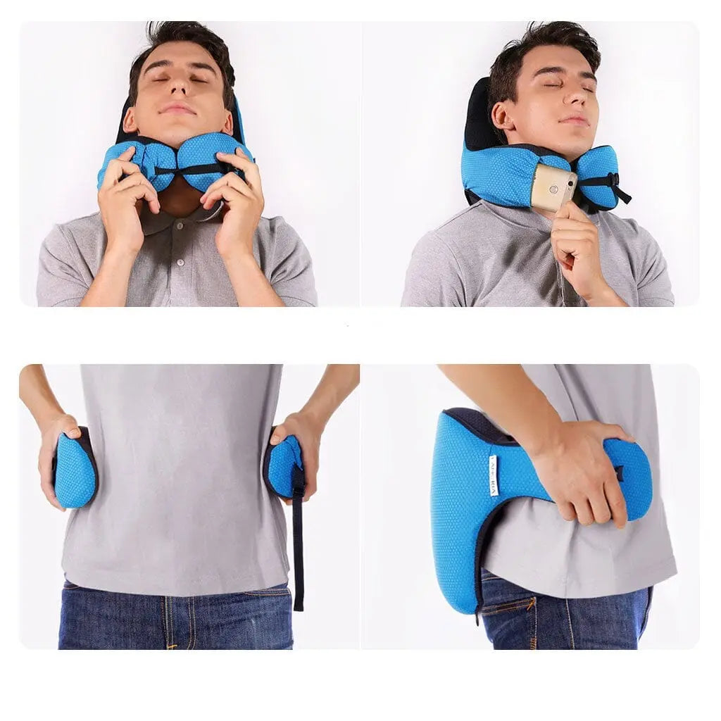 Coussin plié dans sa housse de transport compacte