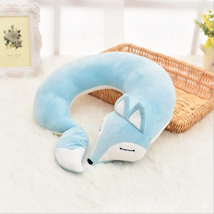 Coussin de voyage bleu ciel, motif renard, tissu coton