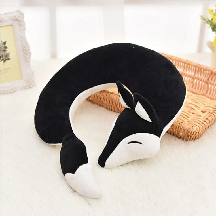 Coussin de voyage noir, design renard, mousse confortable
