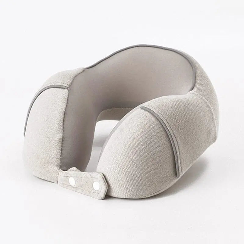 Coussin gris en forme de U, idéal pour avion, vue de dessus