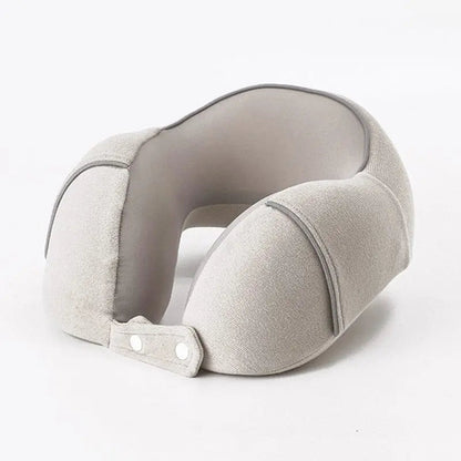 Coussin gris en forme de U, idéal pour avion, vue de dessus