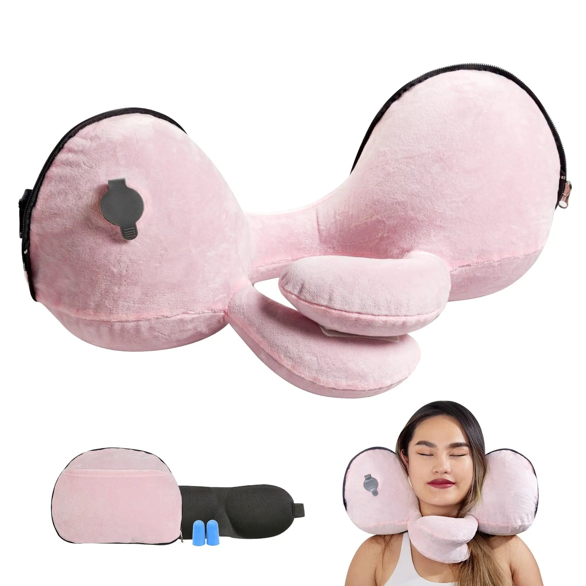 Coussin de voyage rose, plié et compact