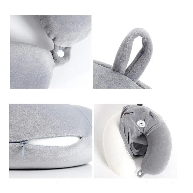 Coussin de voyage ours en mémoire de forme sur fond blanc