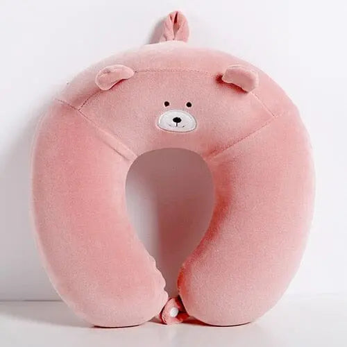 Coussin de voyage rose en forme d'ours, texture moelleuse