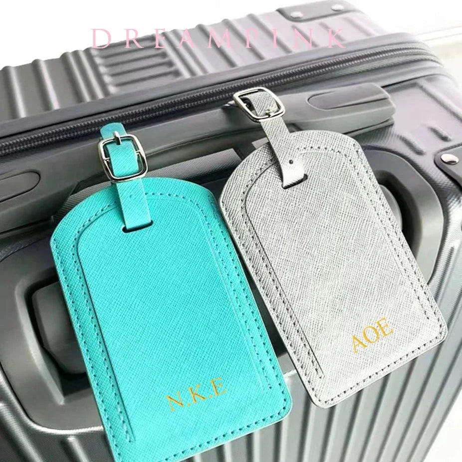 Étiquette bagage turquoise avec personnalisation dorée et design moderne