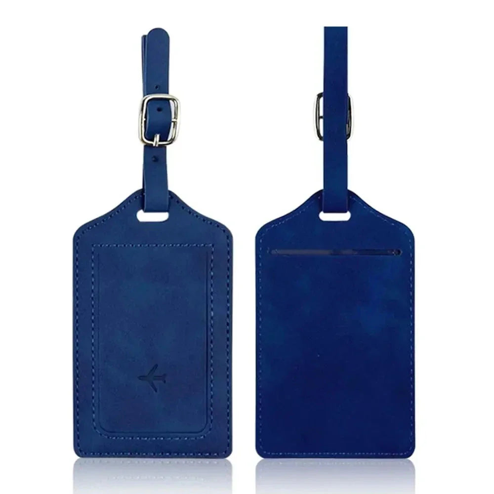 Étiquette bleu foncé avec motif avion, finition élégante