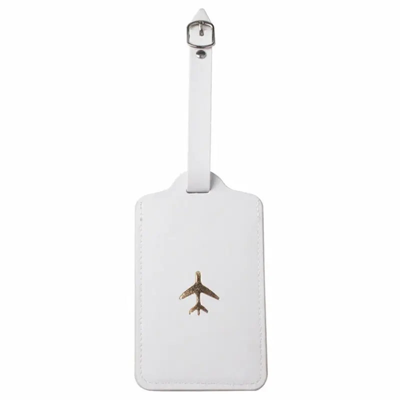 Étiquette bagage blanche avec avion, vue de côté