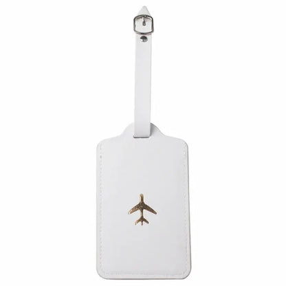 Étiquette bagage blanche avec avion, vue de côté