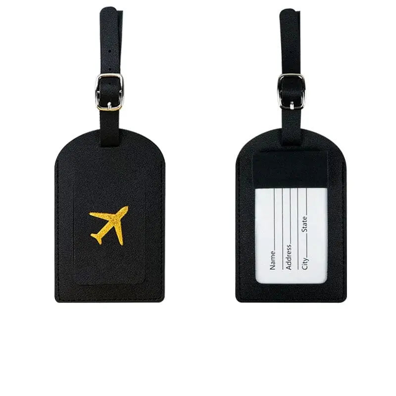 Étiquette bagage noire avec avion doré en relief