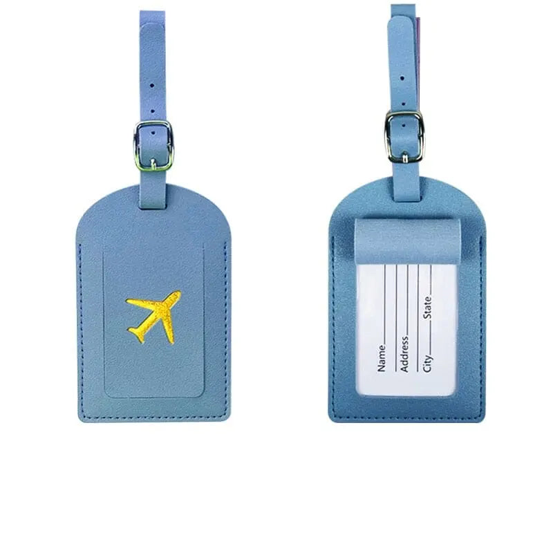 Étiquette bleue avec avion doré, style moderne