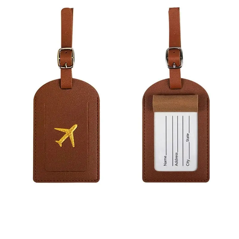 Étiquette marron avec avion doré, allure classique