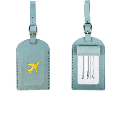 Étiquette bleu clair avec avion doré, style frais