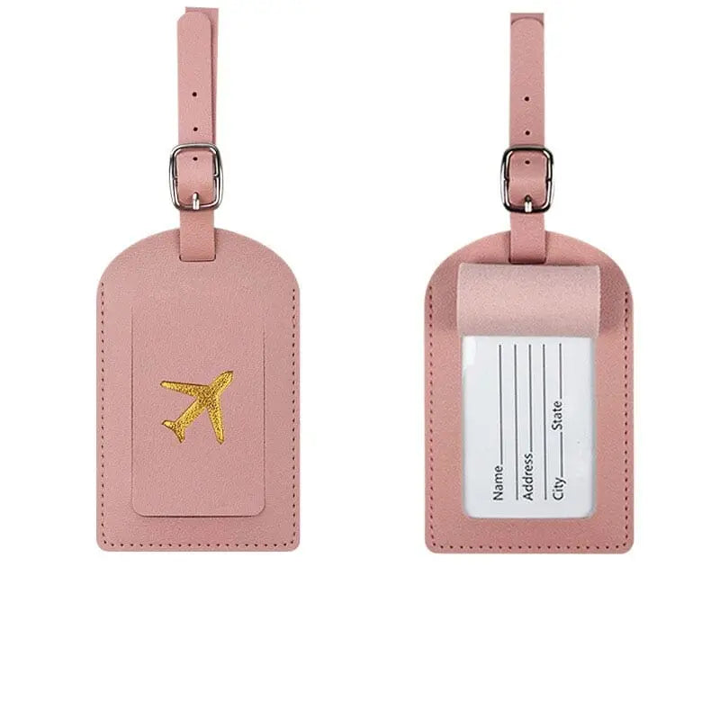 Étiquette rose avec avion doré, design chic