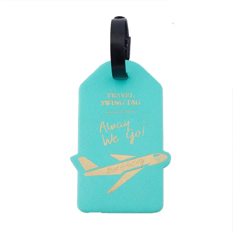 Étiquette bagage turquoise avec détails visibles