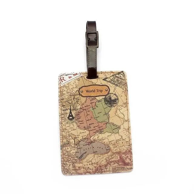 Étiquette bagage avec motif carte du monde vintage
