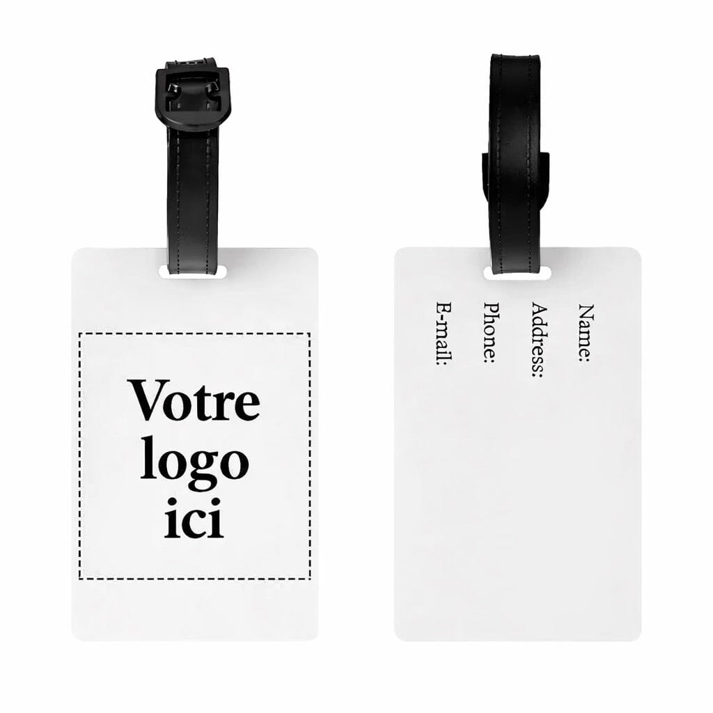 Étiquette de bagage personnalisée en PVC et polyester, vue de face