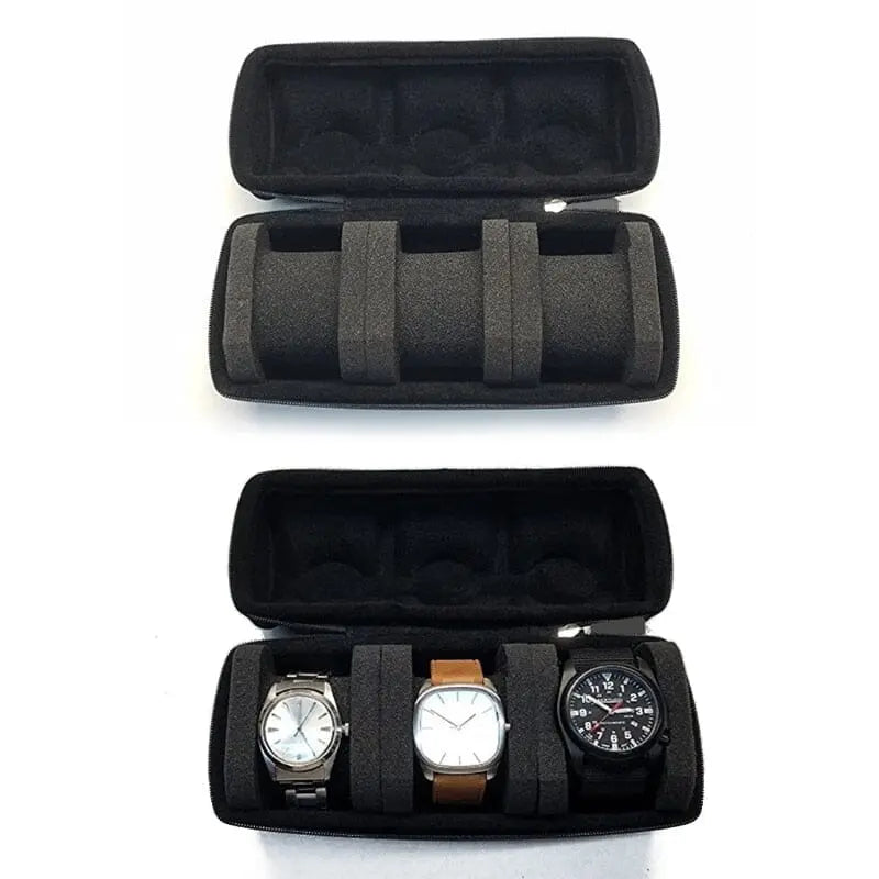 Étui à montres ouvert montrant trois emplacements vides