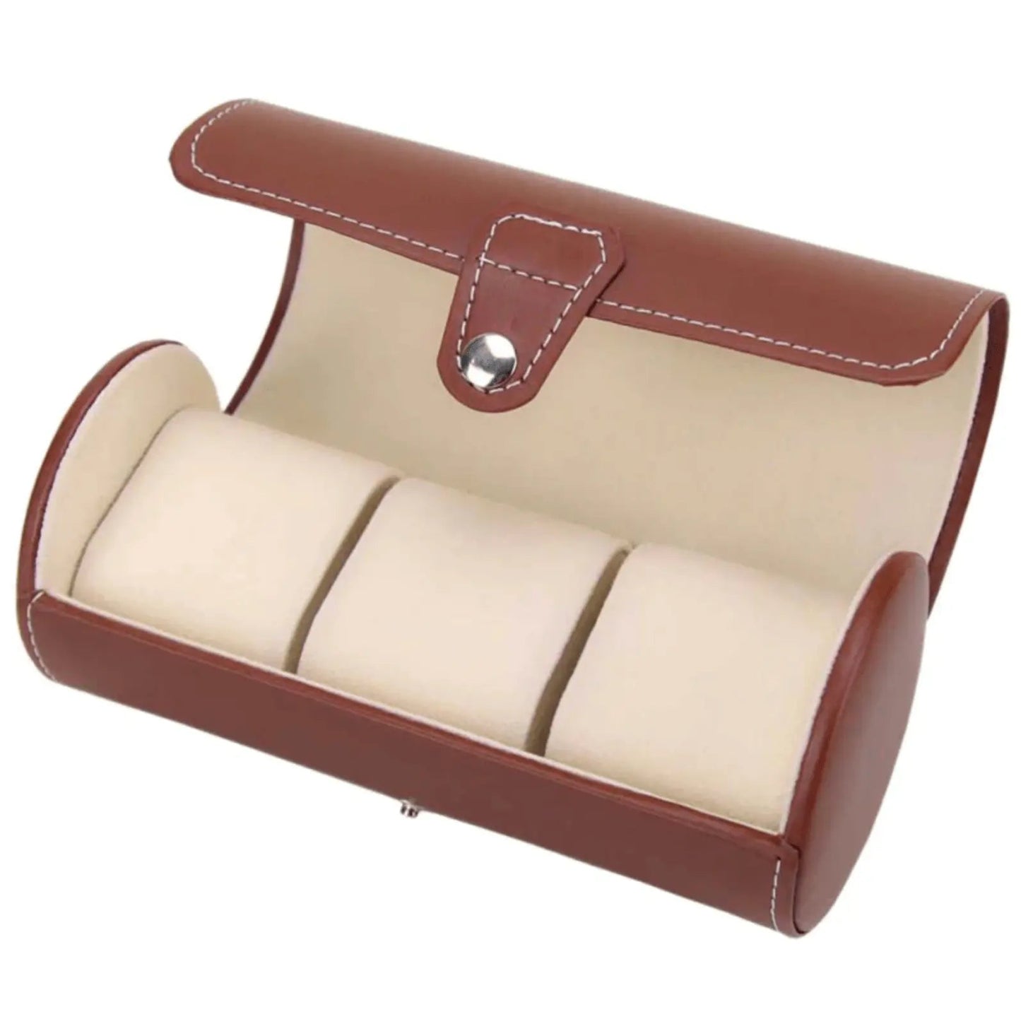 Détail de l'étui marron en cuir, fermeture éclair visible