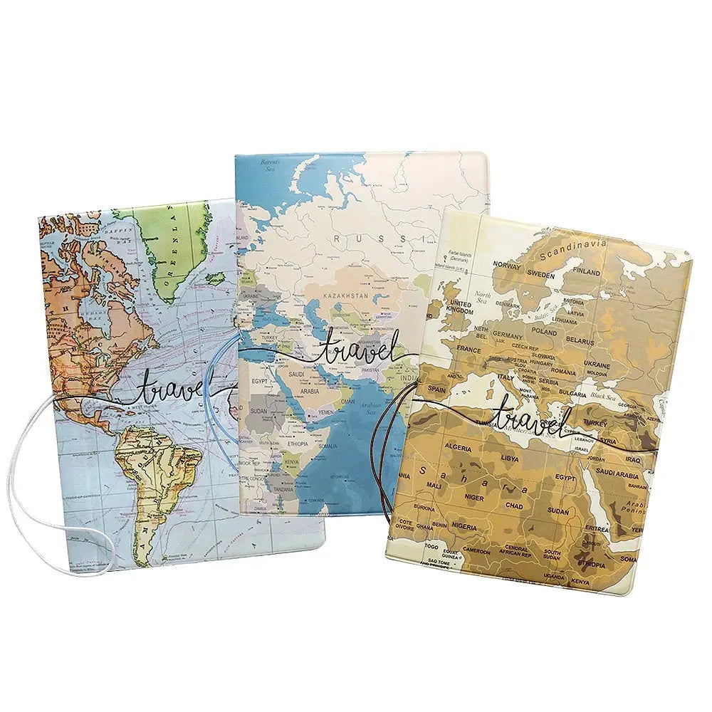 Étui passeport avec motif carte du monde colorée
