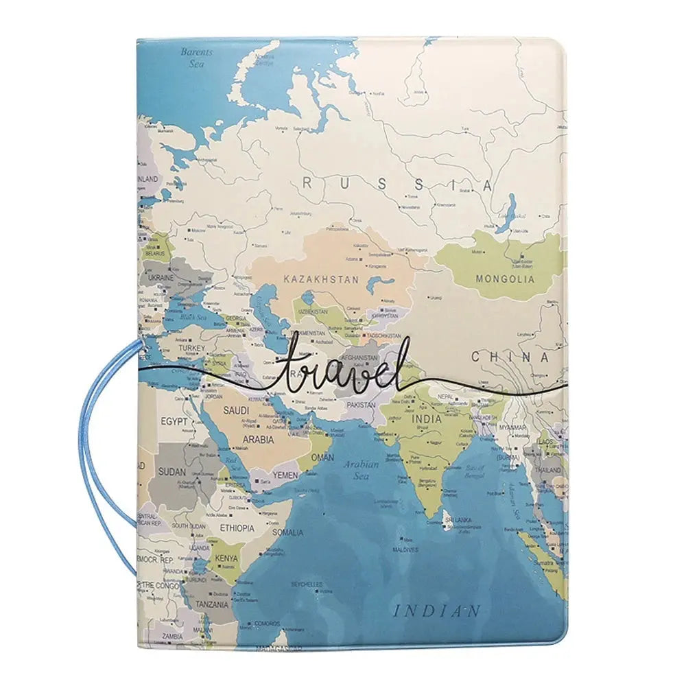 Étui passeport bleu ciel avec design carte du monde