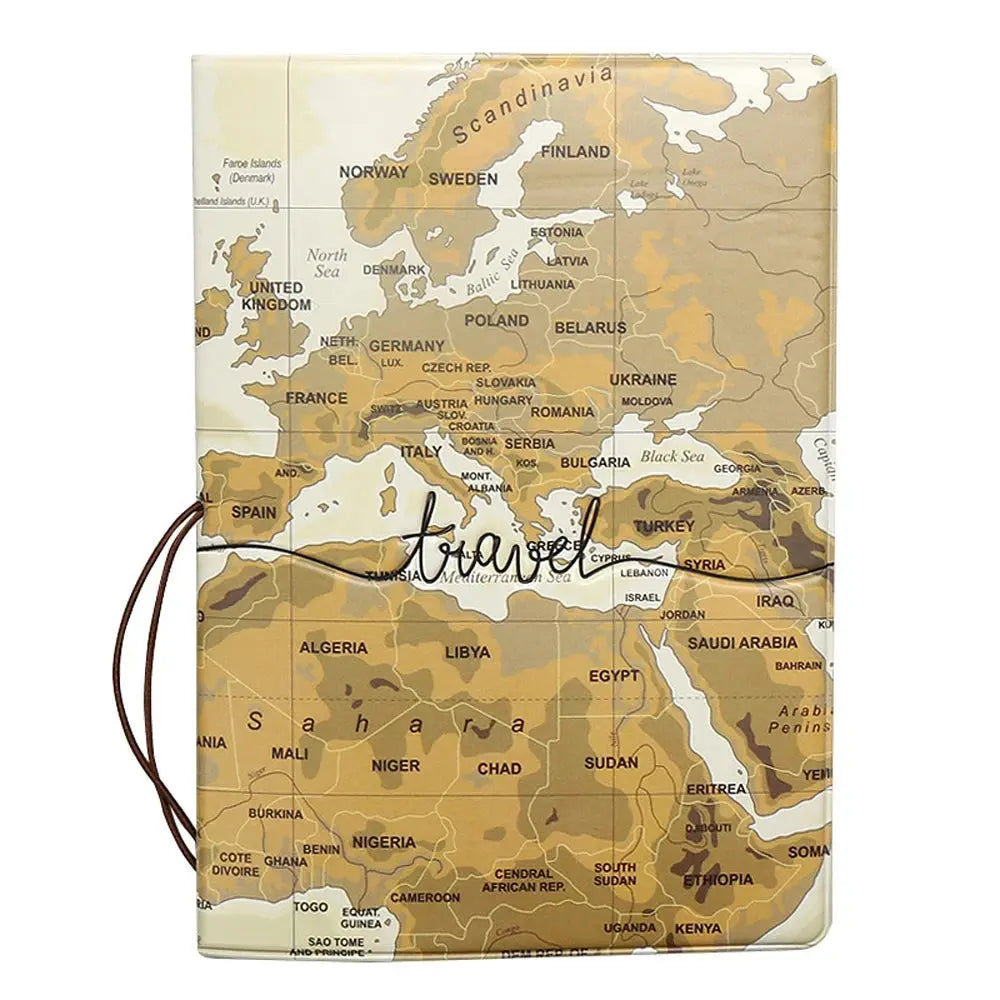 Étui passeport marron avec motif géographique