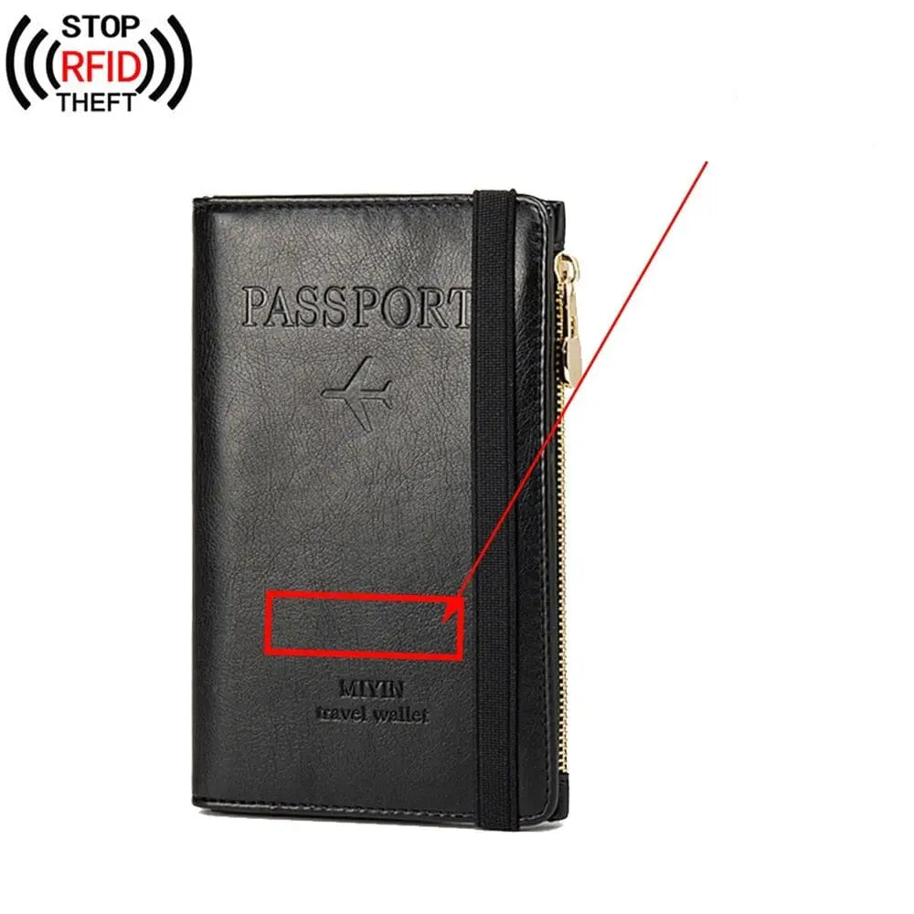 Portefeuille noir avec fermeture élastique et espace pour passeport