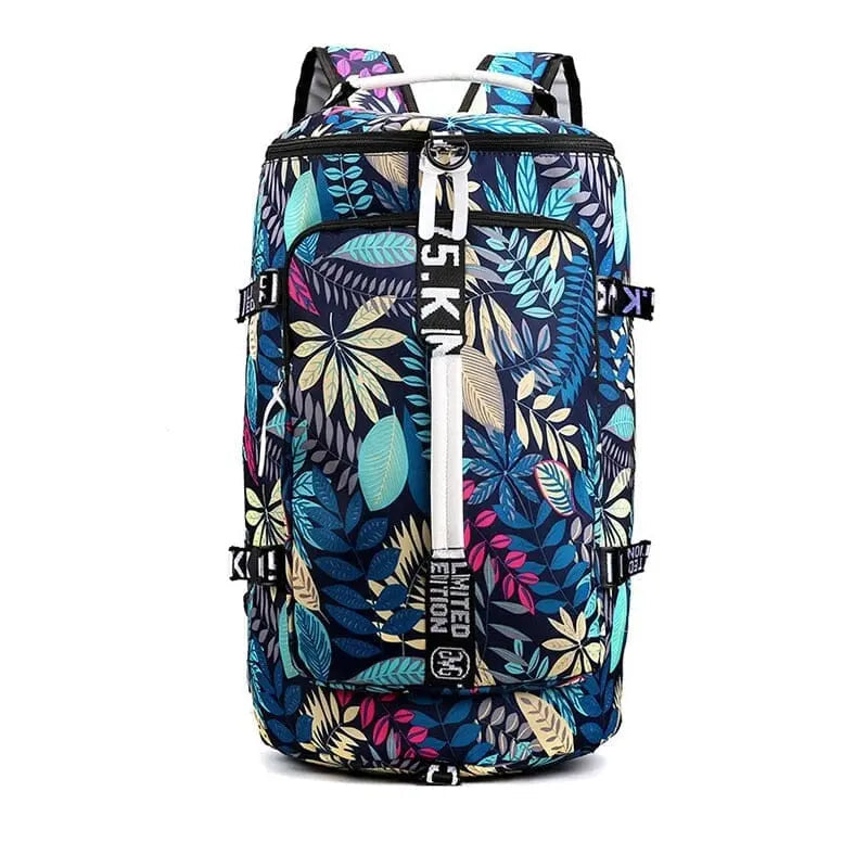 Sac à dos bleu avec design tropical