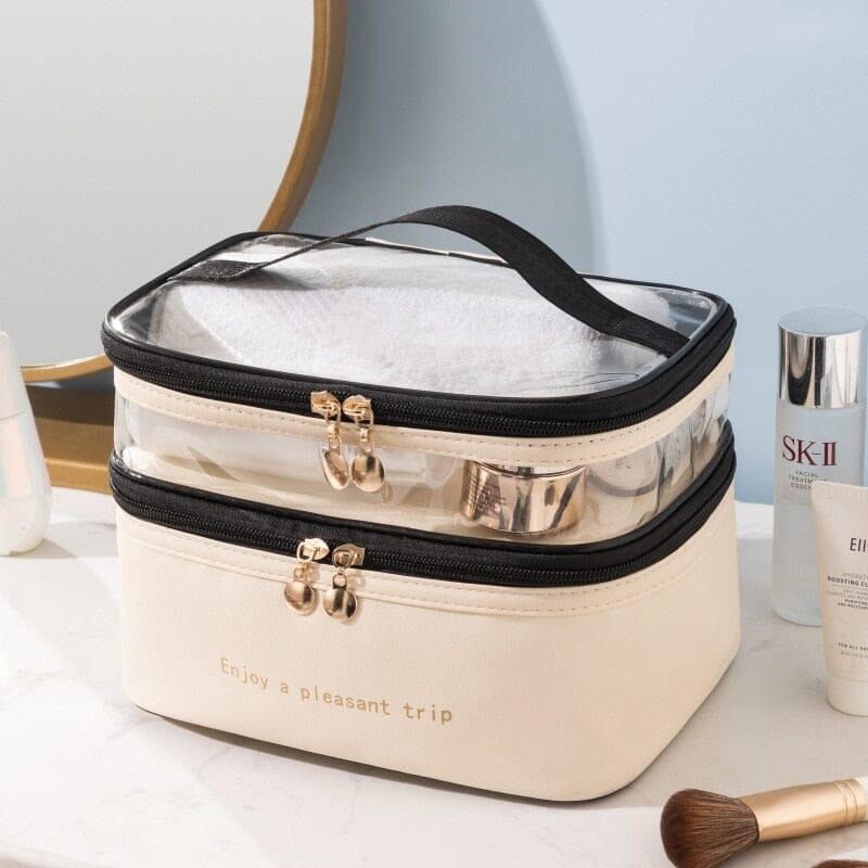 Vanity beige avec design élégant et fonctionnel pour voyages
