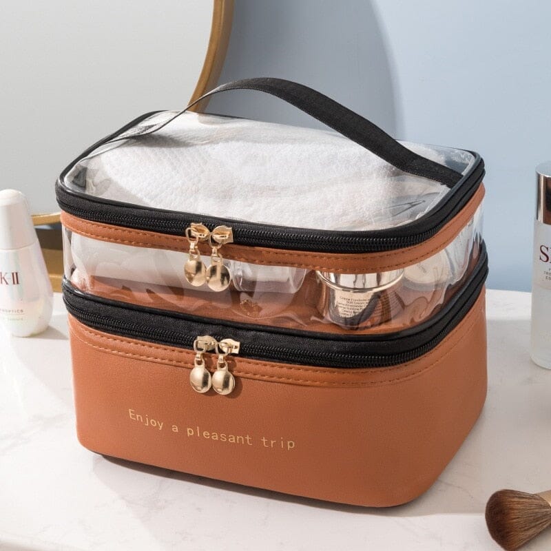 Vanity marron offrant espace de rangement pour déplacements
