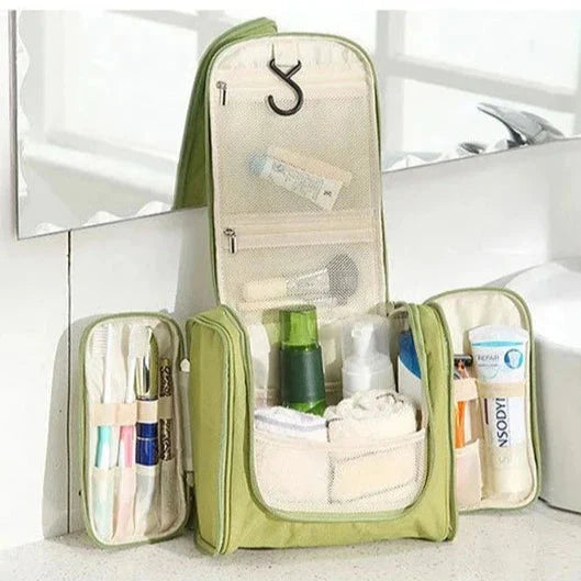 Trousse de toilette verte suspendue avec crochet intégré