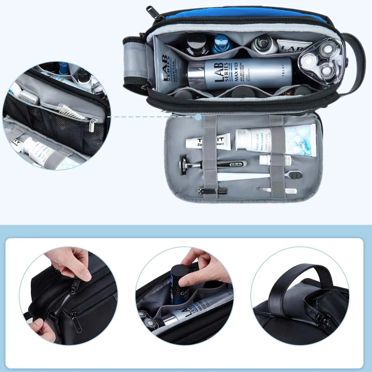 Trousse de toilette ouverte montrant les compartiments