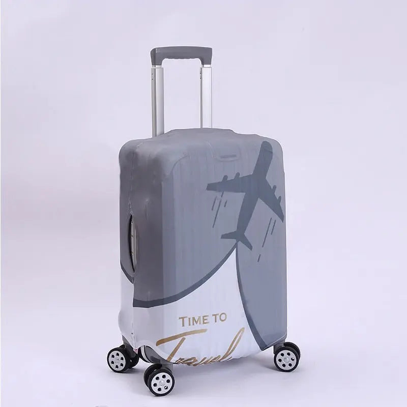 Housse de valise grise avec avion et texte inspirant