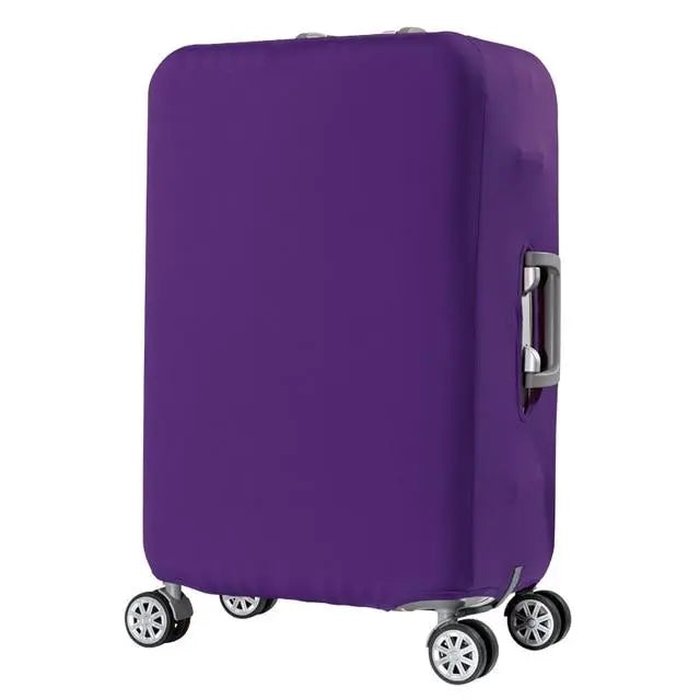 Housse de valise violette élastique sur bagage, vue de côté
