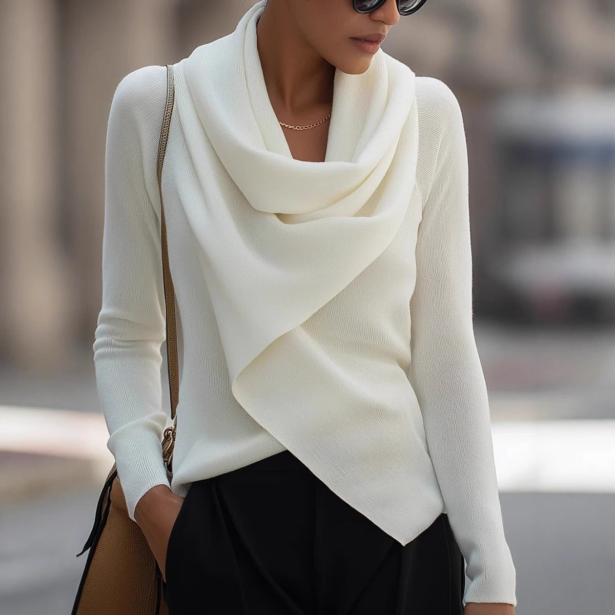 Détail du col drapé sur pull en tricot