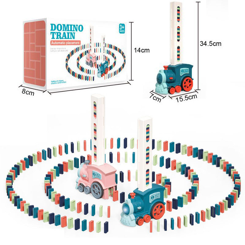 Train à domino automatique posant des dominos colorés en ligne